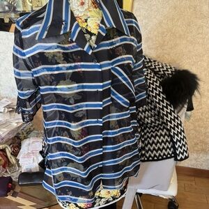 Blue and Black Striped Men's Button-Up Shirt Fendi